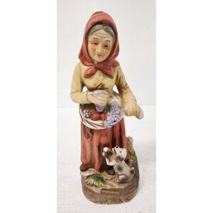 Vintage Homco Farm Woman with Grapes and Dog Large Porcelain Figurine #1417